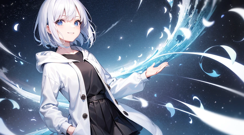 Ultra-high image quality,Look at viewers, hands behind back, girl with, 20 years old, Very short hair, long bangs between eyes, pale blue eyes, Hoodie, Skirt , Extremely detailed,(​masterpiece、top-quality),White hair、A smile、Fantastical, Silver hair, Black eyes,  Hoodie, White hoodie,a black skirt,Hair is short,White jacket, Casual style,Open jacket,  Cowboy Shot、Fluttering hair、a small face、Bright smile、(Detailed face) ,profetional lighting,fantastic landscape,Blue sky, Sunlight,look down from above,portraitures