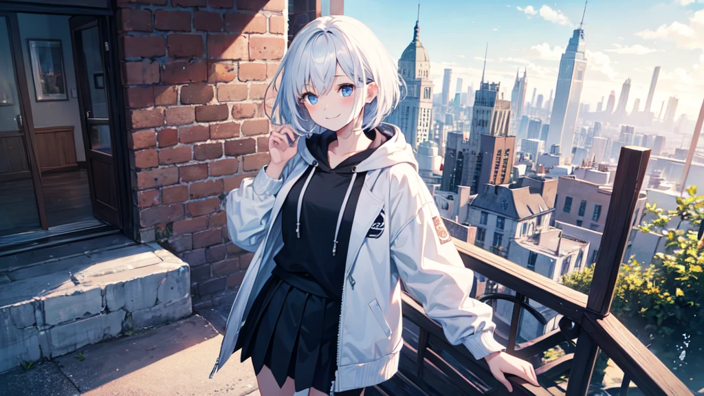 Ultra-high image quality,Look at viewers, hands behind back, girl with, 20 years old, Very short hair, long bangs between eyes, pale blue eyes, Hoodie, Skirt , Extremely detailed,(​masterpiece、top-quality),White hair、A smile、Fantastical, Silver hair, Black eyes,  Hoodie, White hoodie,a black skirt,Hair is short,White jacket, Casual style,Open jacket,  Cowboy Shot、Fluttering hair、a small face、Bright smile、(Detailed face) ,profetional lighting,fantastic landscape,Blue sky, Sunlight,look down from above,portraitures,