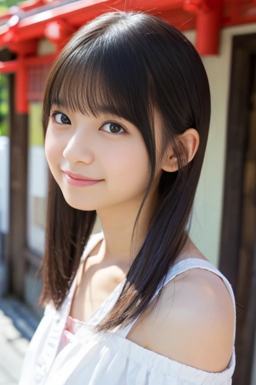 Japan girl at 14 years old、Close-up on her hair、White open collar shirt、鎖骨、A dark-haired、Soft and bright cafe、A slight smil、Beautiful collarbone、off shoulders