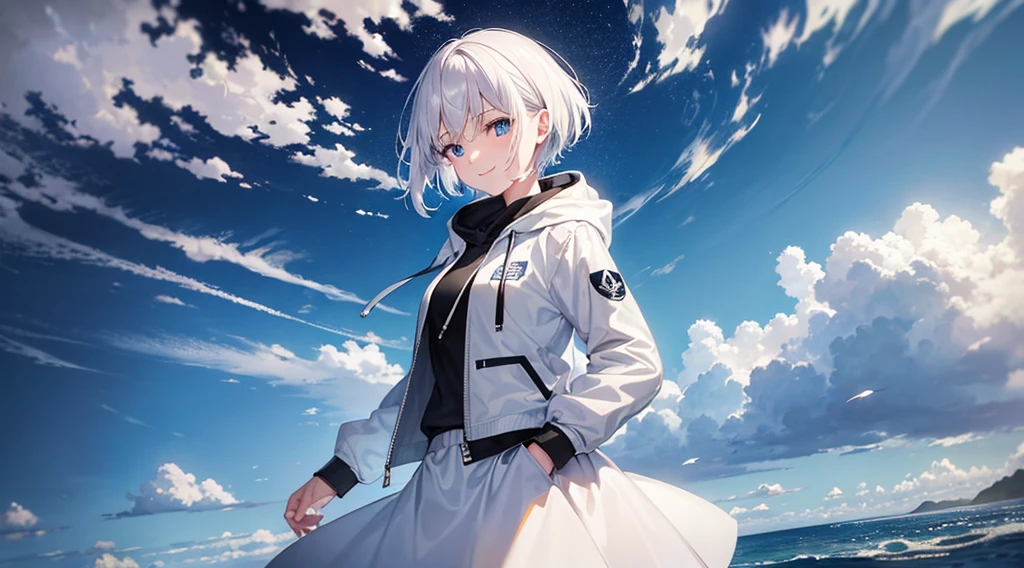 Ultra-high image quality,Look at viewers, hands behind back, girl with, 20 years old, Very short hair, long bangs between eyes, pale blue eyes, Hoodie, Skirt , Extremely detailed,(masterpiece、top-quality),White hair、A smile、Fantastical, Silver hair, Black eyes, Hoodie, White hoodie,a black skirt,Hair is short,White jacket, Casual style,Open jacket, Cowboy Shot、Fluttering hair、a small face、Bright smile、(Detailed face) ,profetional lighting,fantastic landscape,Blue sky, Sunlight,look down from above,portraitures、flower field