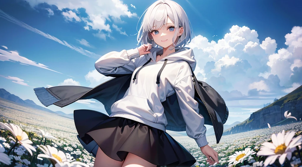 Ultra-high image quality,Look at viewers, hands behind back, girl with, 20 years old, Very short hair, long bangs between eyes, pale blue eyes, Hoodie, Skirt , Extremely detailed,(masterpiece、top-quality),White hair、A smile、Fantastical, Silver hair, Black eyes, Hoodie, White hoodie,a black skirt,Hair is short,White jacket, Casual style,Open jacket, Cowboy Shot、Fluttering hair、a small face、Bright smile、(Detailed face) ,profetional lighting,fantastic landscape,Blue sky, Sunlight,look down from above,portraitures、flower field