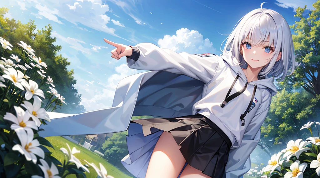 Ultra-high image quality,Look at viewers, hands behind back, girl with, 20 years old, Very short hair, long bangs between eyes, pale blue eyes, Hoodie, Skirt , Extremely detailed,(masterpiece、top-quality),White hair、A smile、Fantastical, Silver hair, Black eyes, Hoodie, White hoodie,a black skirt,Hair is short,White jacket, Casual style,Open jacket, Cowboy Shot、Fluttering hair、a small face、Bright smile、(Detailed face) ,profetional lighting,fantastic landscape,Blue sky, Sunlight,look down from above,portraitures、flower field