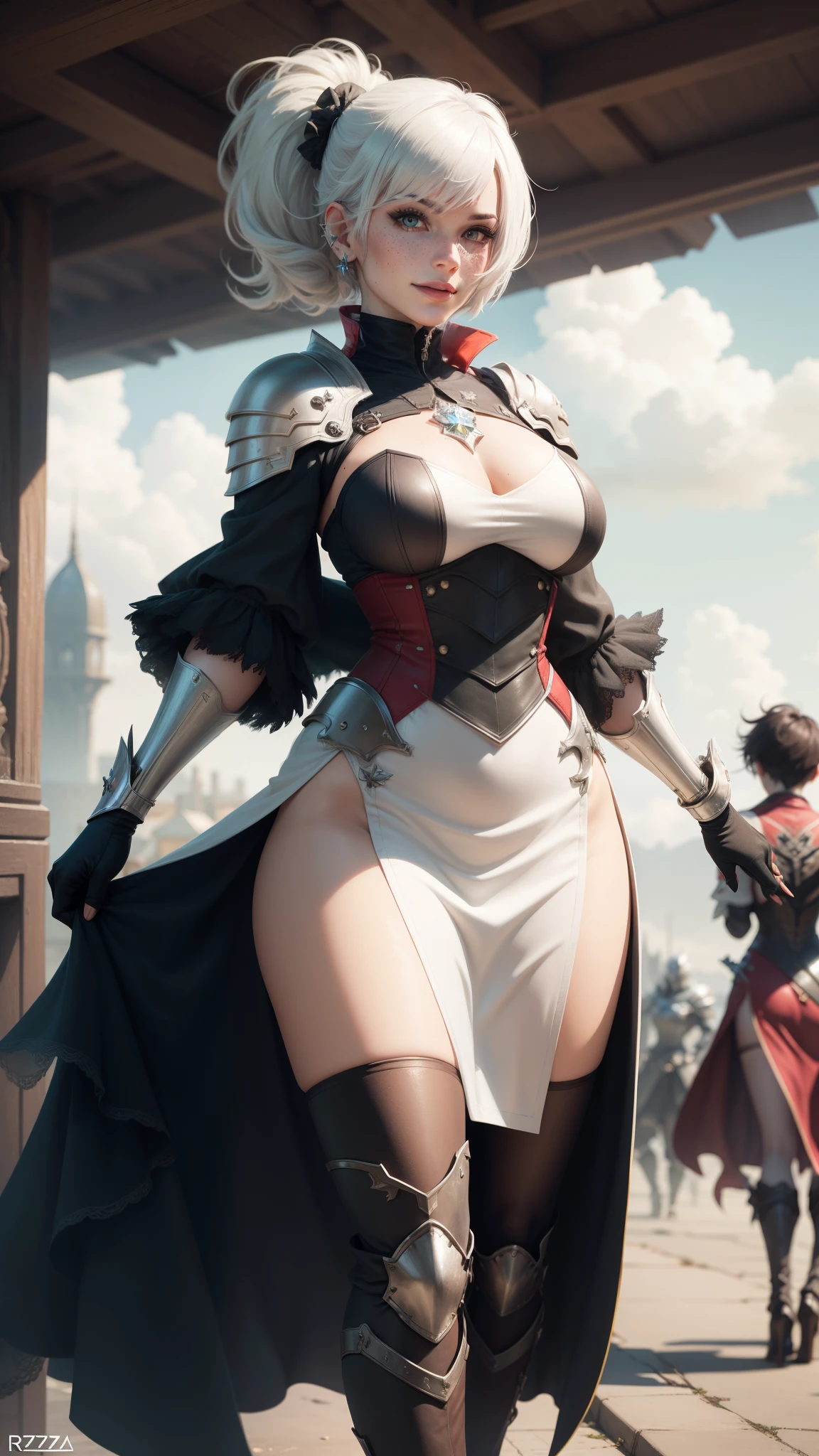 gwen tennyson,yorha 2b,tracer,y'shtola rhul,overwatch,atelier ryza,close up, siege battle,tattoos,red and white plugsuit,white short sleeve knight top,short sleeve full plate knight armor,long knight skirt,crystal knight corset,curly ponytail hair,princess makeup,green eyes,multicolored silver hair,long dress train,sexy smile, freckles,beautiful girl,knight thigh high boots,large breasts,8k,ultra detailed,realistic,fantasy art,crystal knight uniform,queen gown dress,hair jewelry,ear piercings,crystal hand and neck jewelry,(weather:windy),1girl,long scarlet knight coat,battlefield,crystal hair pin,
