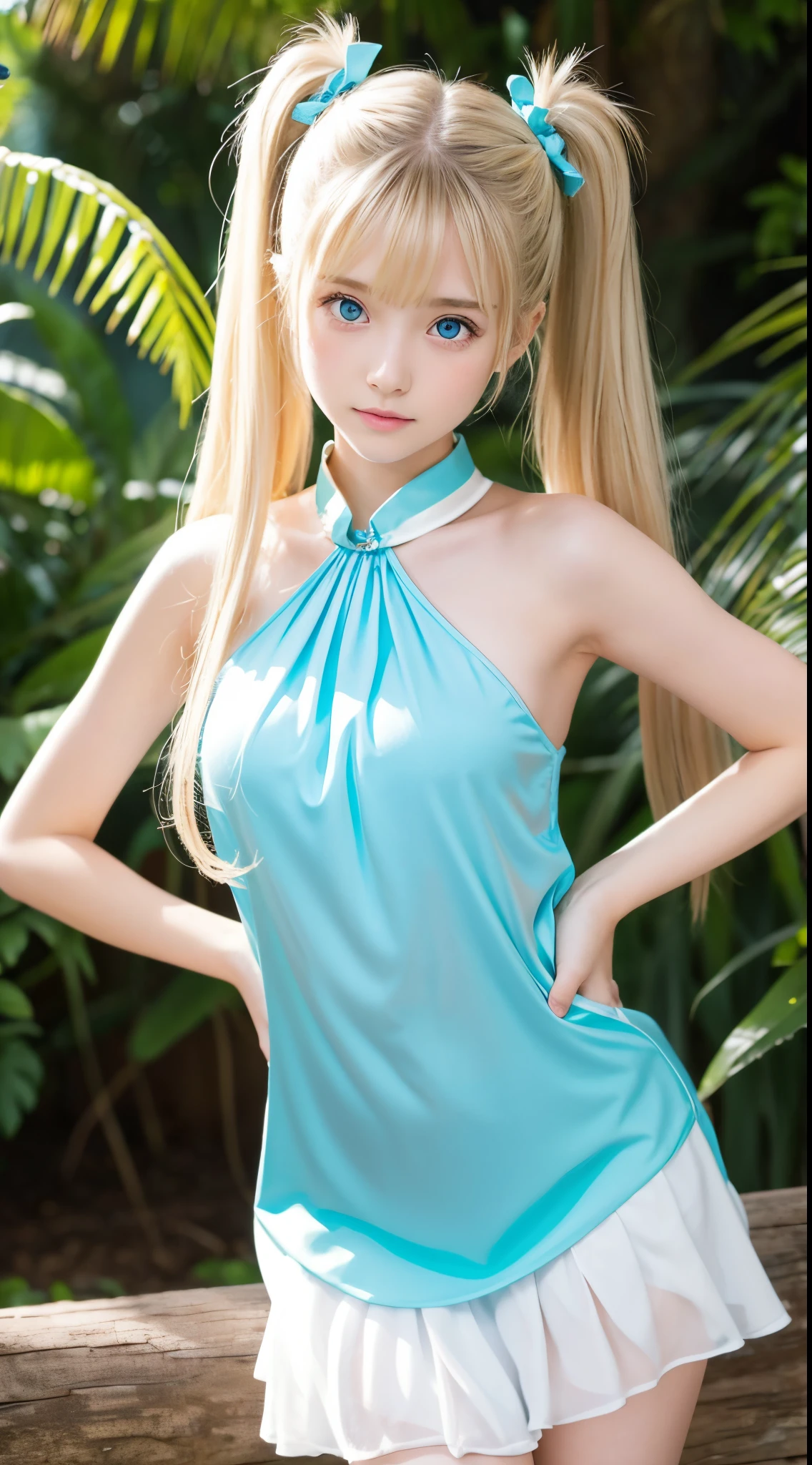 Twintails are sexy, so her face.., extemely cute and beautiful、shiny very beautiful skin、Beautiful disheveled bangs、Very beautiful and cute sexy bright sky blue eyes、very big eyes beautiful very long shiny silky blonde hair、18 years old petite, an extremely beautiful and cute girl、Gloss Face、Teak Gloss、White beautiful skin、white dress, cyan decorations, full body shot,