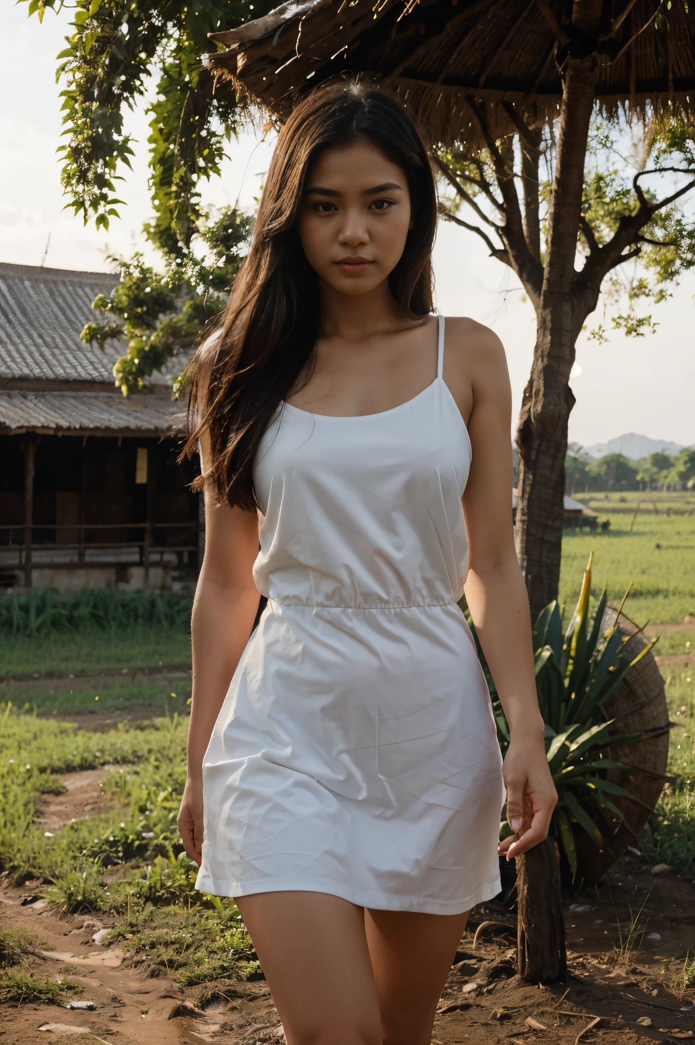 Beautiful young woman wearing Thai dress Ride a buffalo to graze in the rice fields in the evening..