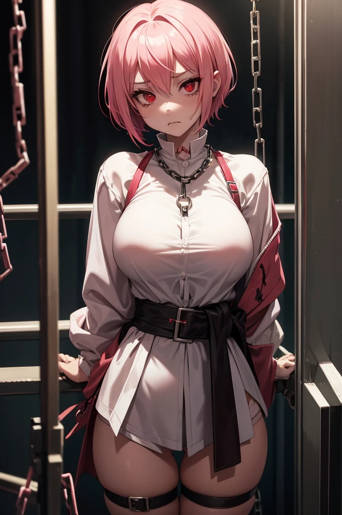 Vampire girl, short pink hair, red eyes, big breast, sad face, full body naked, naked body exposed, chains around waist, Metal jail bars in background.