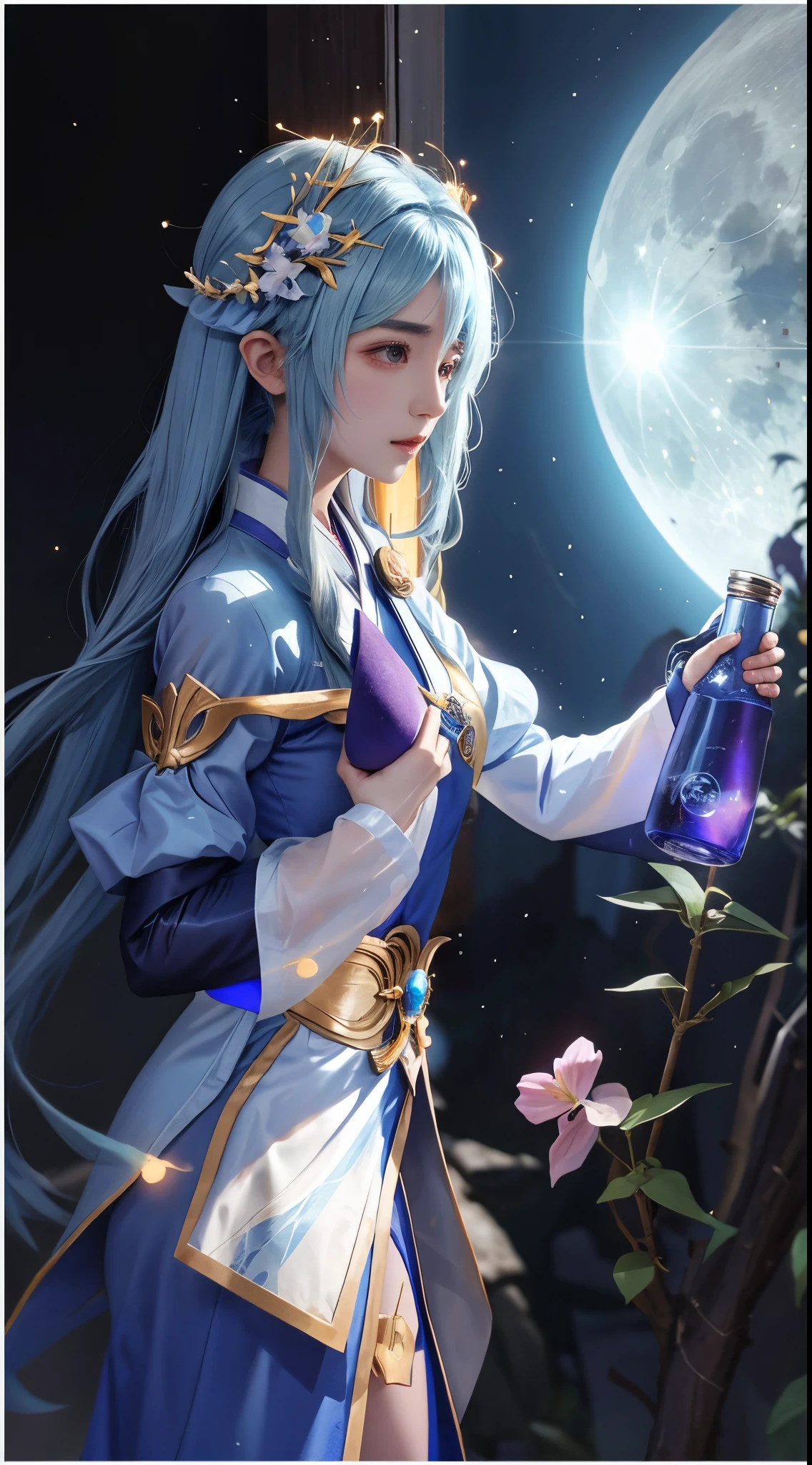 Anime girl holding blue moon in hand, Ayaka Genshin impact, Beautiful celestial mage, 《genshin impact》Ke Qingyu, ayaka game genshin impact, lunar goddess, twelve zodiac knight avatar, muenrias, Genshin impact's character, genshin impact, lunar themed attire, 《genshin impact》Zhongli in Zhongli, Maya Ali as Lightning Wizard