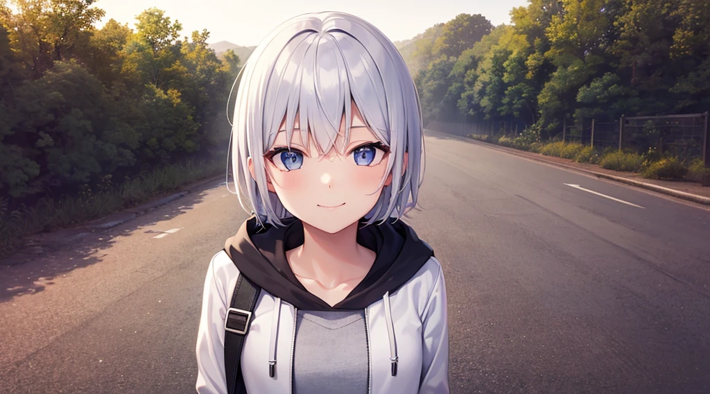 Ultra-high image quality,Look at viewers, hands behind back, girl with, 20 years old, Very short hair, long bangs between eyes, pale blue eyes, Hoodie, Skirt , Extremely detailed,(​masterpiece、top-quality),White hair、A smile、Fantastical, Silver hair, Black eyes,  Hoodie, White hoodie,a black skirt,Hair is short,White jacket, Casual style,Open jacket,  Cowboy Shot、Fluttering hair、a small face、Bright smile、(Detailed face) ,profetional lighting,fantastic landscape,Blue sky, Sunlight,look down from above,portrait bottom field