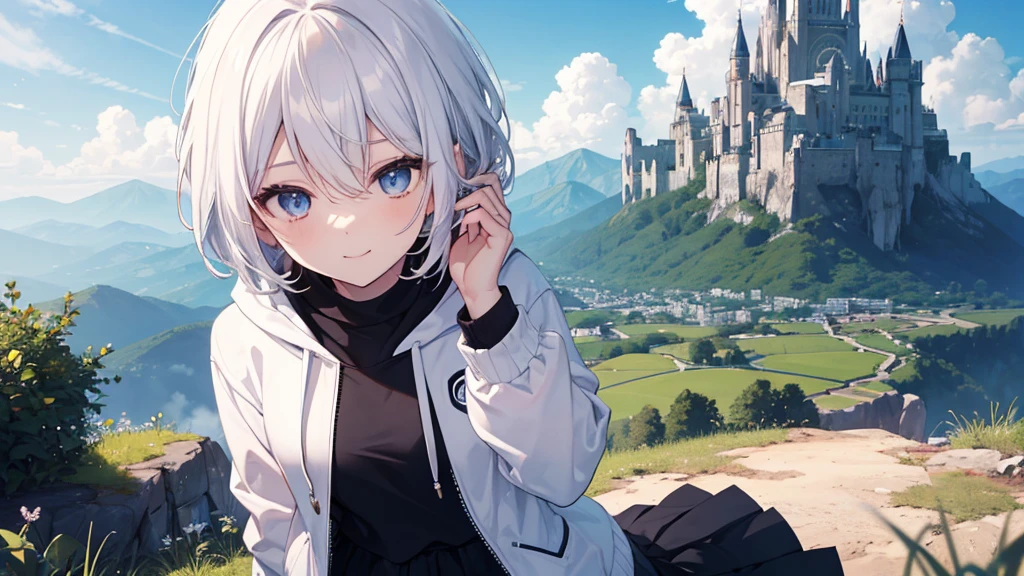 Ultra-high image quality,Look at viewers, hands behind back, girl with, 20 years old, Very short hair, long bangs between eyes, pale blue eyes, Hoodie, Skirt , Extremely detailed,(masterpiece、top-quality),White hair、A smile、Fantastical, Silver hair, Black eyes, Hoodie, White hoodie,a black skirt,Hair is short,White jacket, Casual style,Open jacket, Cowboy Shot、Fluttering hair、a small face、Bright smile、(Detailed face) ,profetional lighting,fantastic landscape,Blue sky, Sunlight,look down from above,portrait bottom field