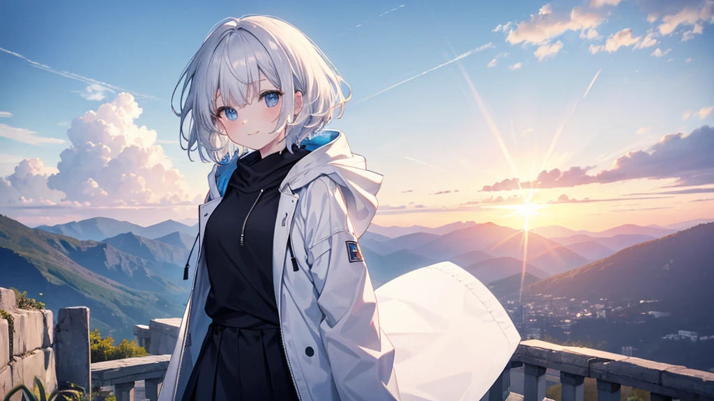 Ultra-high image quality,Look at viewers, hands behind back, girl with, 20 years old, Very short hair, long bangs between eyes, pale blue eyes, Hoodie, Skirt , Extremely detailed,(masterpiece、top-quality),White hair、A smile、Fantastical, Silver hair, Black eyes, Hoodie, White hoodie,a black skirt,Hair is short,White jacket, Casual style,Open jacket, Cowboy Shot、Fluttering hair、a small face、Bright smile、(Detailed face) ,profetional lighting,fantastic landscape,Blue sky, Sunlight,look down from above,portrait bottom field