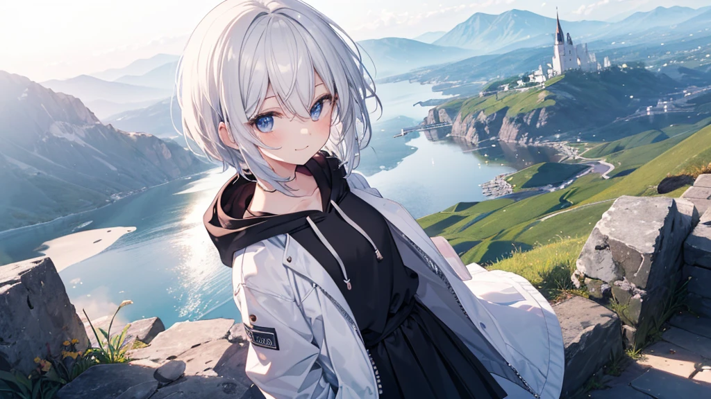 Ultra-high image quality,Look at viewers, hands behind back, girl with, 20 years old, Very short hair, long bangs between eyes, pale blue eyes, Hoodie, Skirt , Extremely detailed,(​masterpiece、top-quality),White hair、A smile、Fantastical, Silver hair, Black eyes,  Hoodie, White hoodie,a black skirt,Hair is short,White jacket, Casual style,Open jacket,  Cowboy Shot、Fluttering hair、a small face、Bright smile、(Detailed face) ,profetional lighting,fantastic landscape,Blue sky, Sunlight,look down from above,portrait bottom field