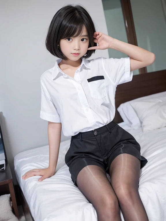 13 year old cute girl、女の子1人、White background、full bodyesbian、looking at the observer、bob cuts、white  shirt、Wearing shorts、Black pantyhose