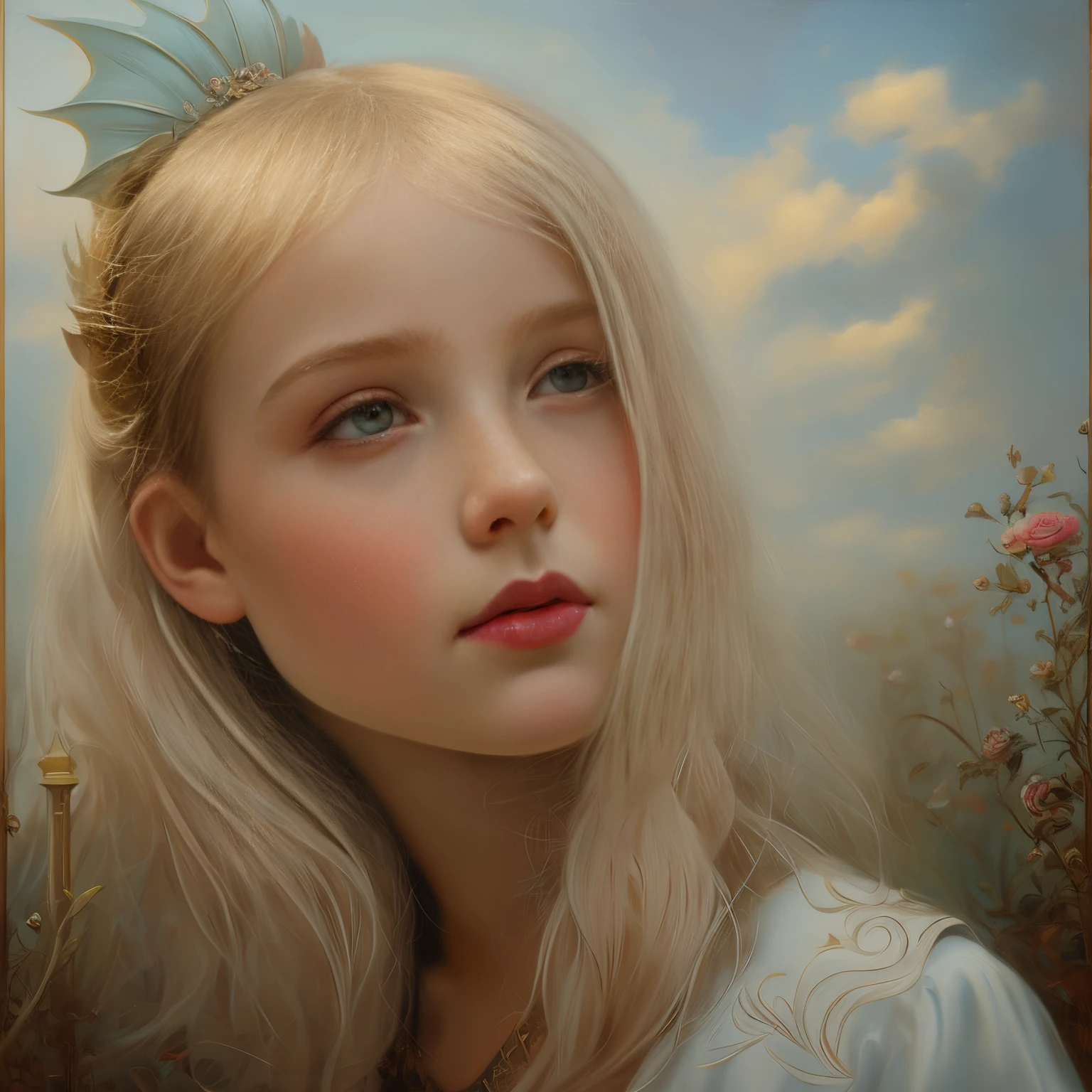 Painting of a  girl of fivlonde standing on the shore in a white dress., Portrait of a five year old dragon gien is very detailed, Style by Mark Ryden, Mark Ryden in style, portrait of Tom bagshaw, Style by Mark Ryden, tom bagshaw weta studio, inspired by Mark Ryden, Benjamin Lacombe, adorable digital painting, tom bagshaw style, tom bagshaw artstyle