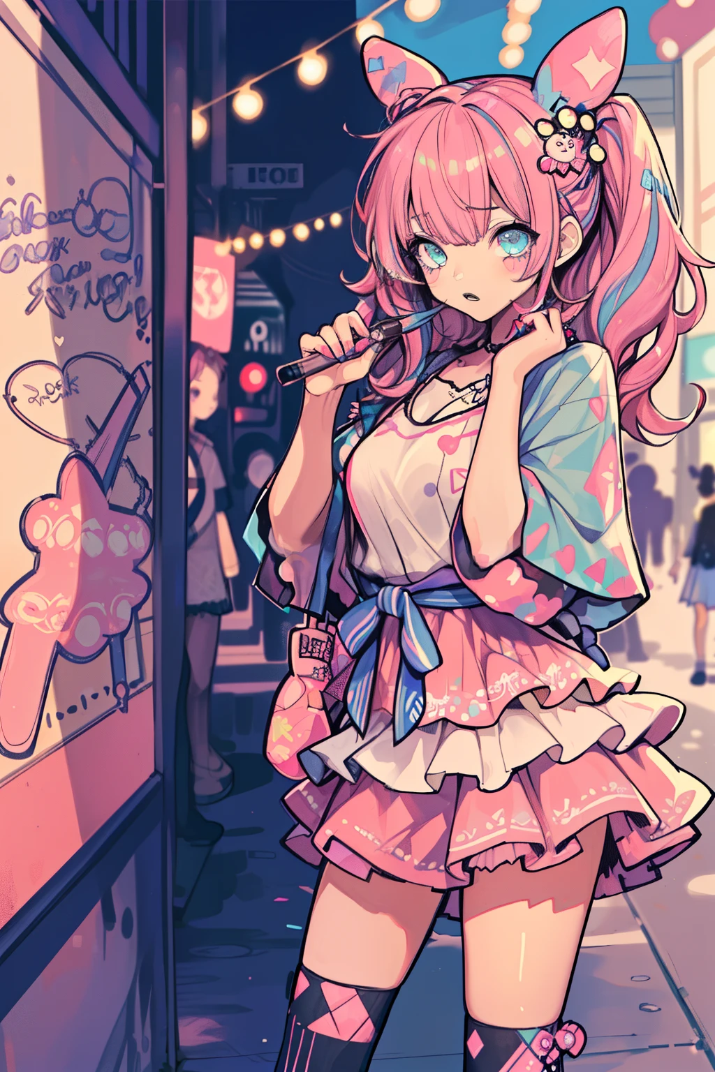 1girl,
(cowboy shot:1.0),

(random color hair, multicolored hair:1.2)

(Harajuku-style Decora pank fashion:1.5),
(girl with layered colorful clothing:1.3),
(multiple hair clips),
knee-high socks with different patterns,
carrying a plushie,
standing in front of a graffiti wall,