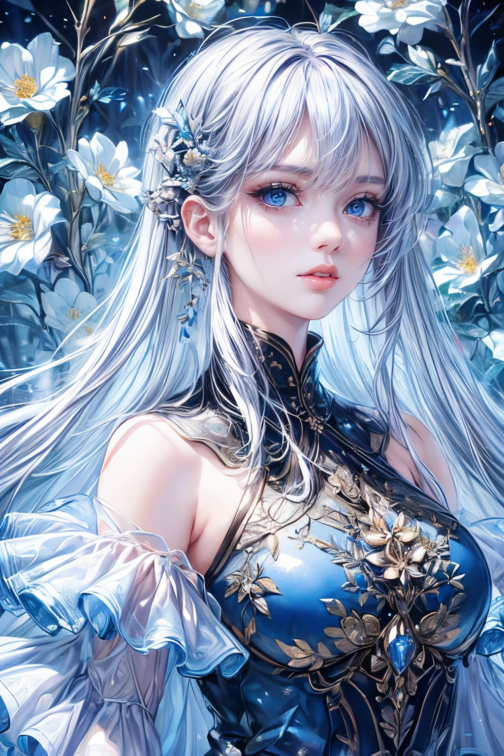 (best quality,8K,CG,detailed upper body,lonesome girl,floral dress,forest background,detailed facial features,elegant black long hair,almond blue eyes,detailed eye makeup,long fluttering eyelashes,big blinking eyes,twinkling stars,complex lip details,soft and harmonious style)