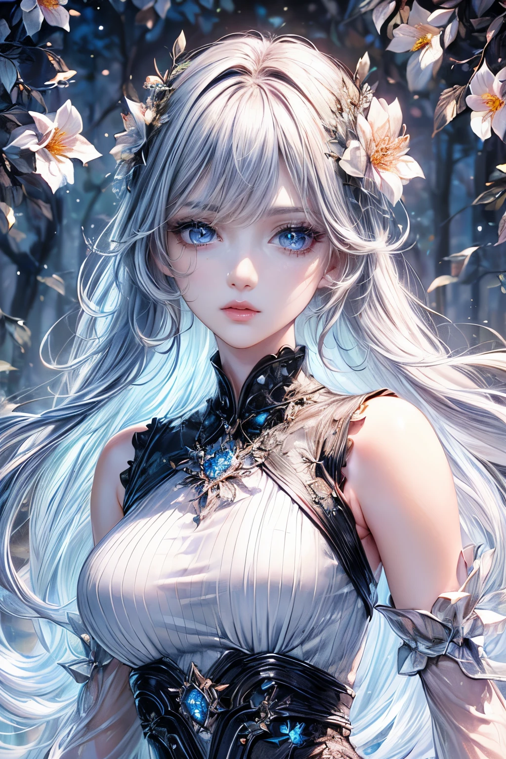 (best quality,8K,CG,detailed upper body,lonesome girl,floral dress,forest background,detailed facial features,elegant black long hair,almond blue eyes,detailed eye makeup,long fluttering eyelashes,big blinking eyes,twinkling stars,complex lip details,soft and harmonious style)