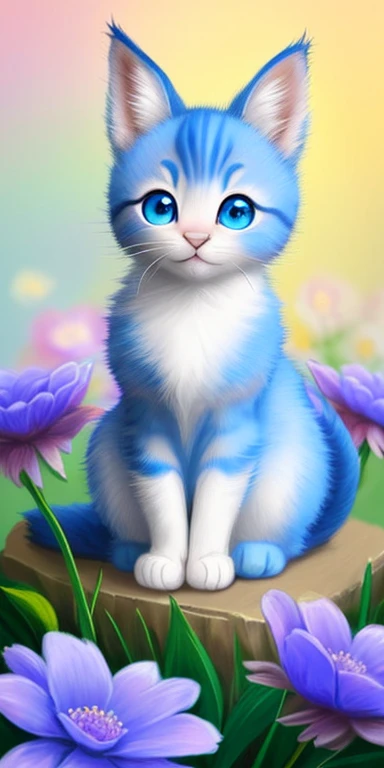A kitten with a tiny tail, a small nose, small ears, blue eyes, blue background, flowers, vase, dream, caroline chariot-dayez pastels, tumblr, furry art, elokitty, Disney's Bambi cat, Disney's stylized furry, ears floating, fluffy tail, human cat, fluffy ''', fluffy !!!, high resolution, furry art!!!