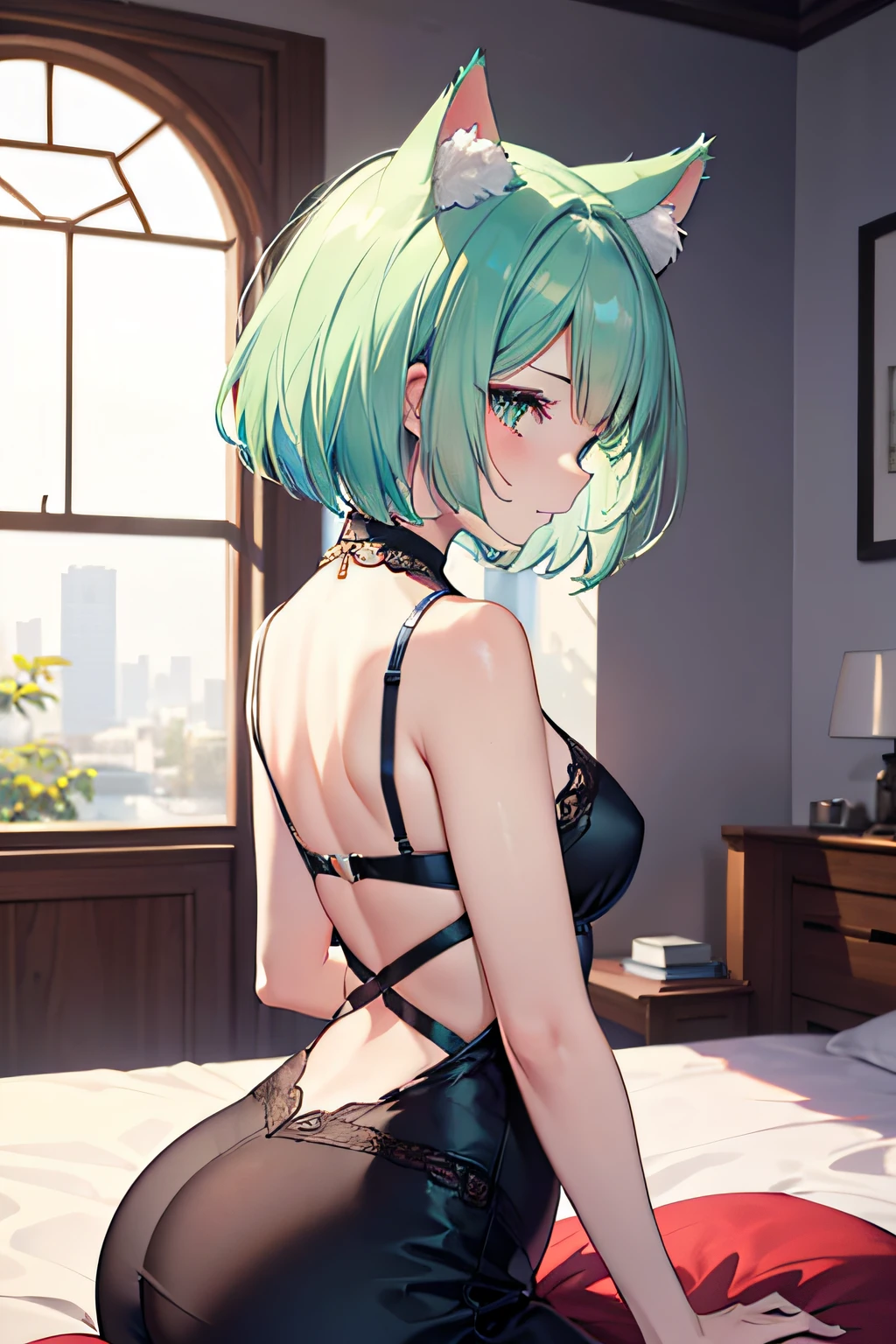 ((masutepiece)), ((Best Quality)), in 8K, detaileds, Ultra-detailed, Detailed and Intricicated, 1girl in, Arched back, light blue and green hair, bob cuts, Cat's ears, Wink, profile, inside in room