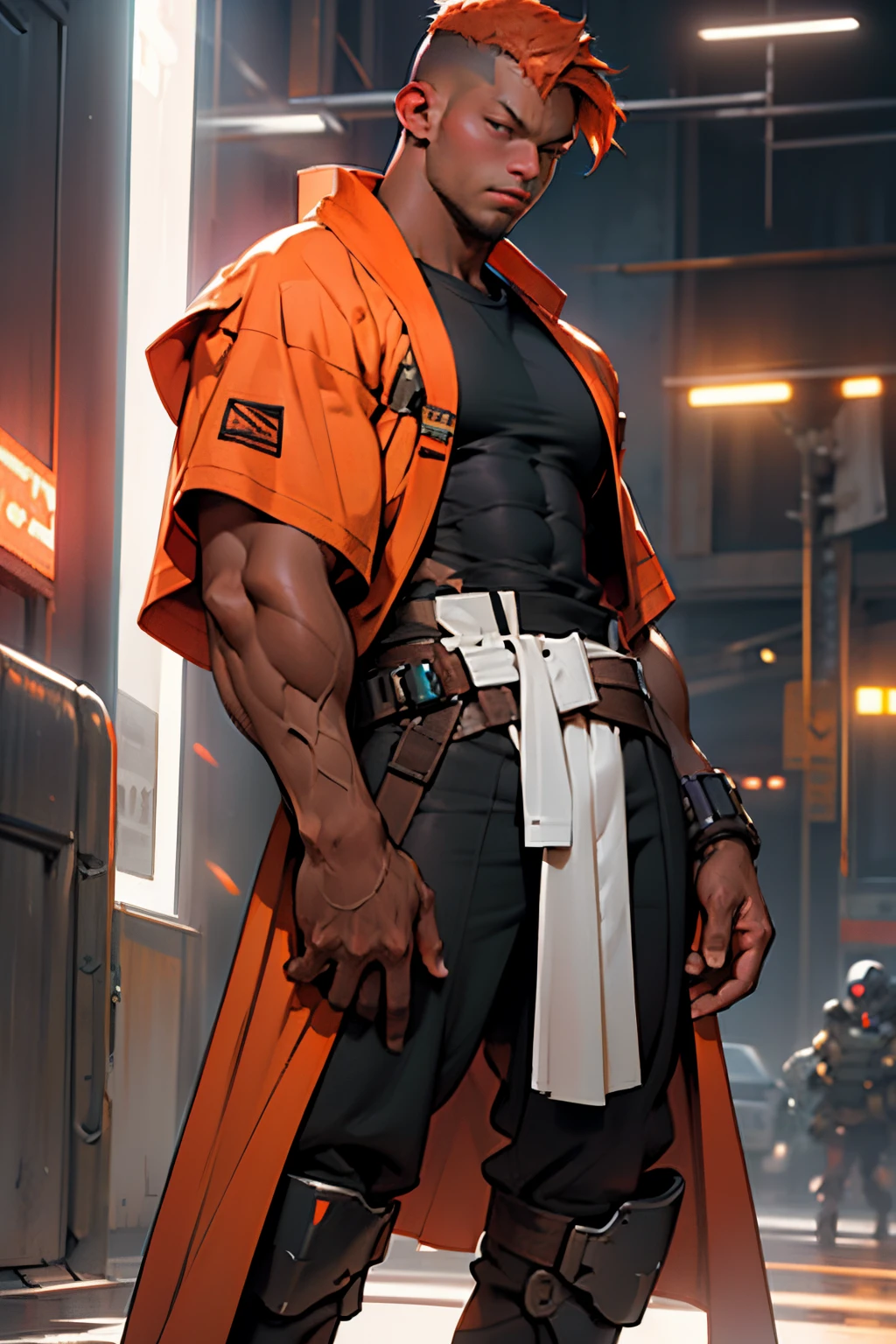 Height 175 cm, the optimal height, orange hair, military haircut, dark brown tight shirt, tight clothing, body full of muscles; ripped abs, V-shaped body, thick waist, long legs, strong arms. Jedi robe,  purple Lightsaber