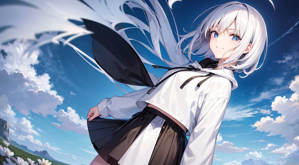 Ultra-high image quality,Look at viewers, hands behind back, girl with, 20 years old, Very short hair, long bangs between eyes, pale blue eyes, Hoodie, Skirt , Extremely detailed,(​masterpiece、top-quality),White hair、A smile、Fantastical, Silver hair, Black eyes,  Hoodie, White hoodie,a black skirt,Hair is short,White jacket, Casual style,Open jacket,  Cowboy Shot、Fluttering hair、a small face、Bright smile、(Detailed face) ,profetional lighting,fantastic landscape,Blue sky, Sunlight,flower  field