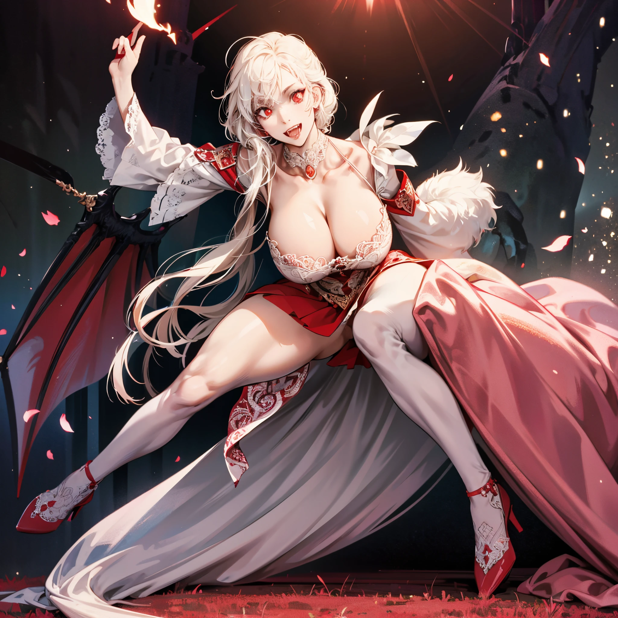 beautiful alluring white vampire with fangs extended red eyes SFW huge breasts intricate fancy dress, full body, dynamic pose, full HD