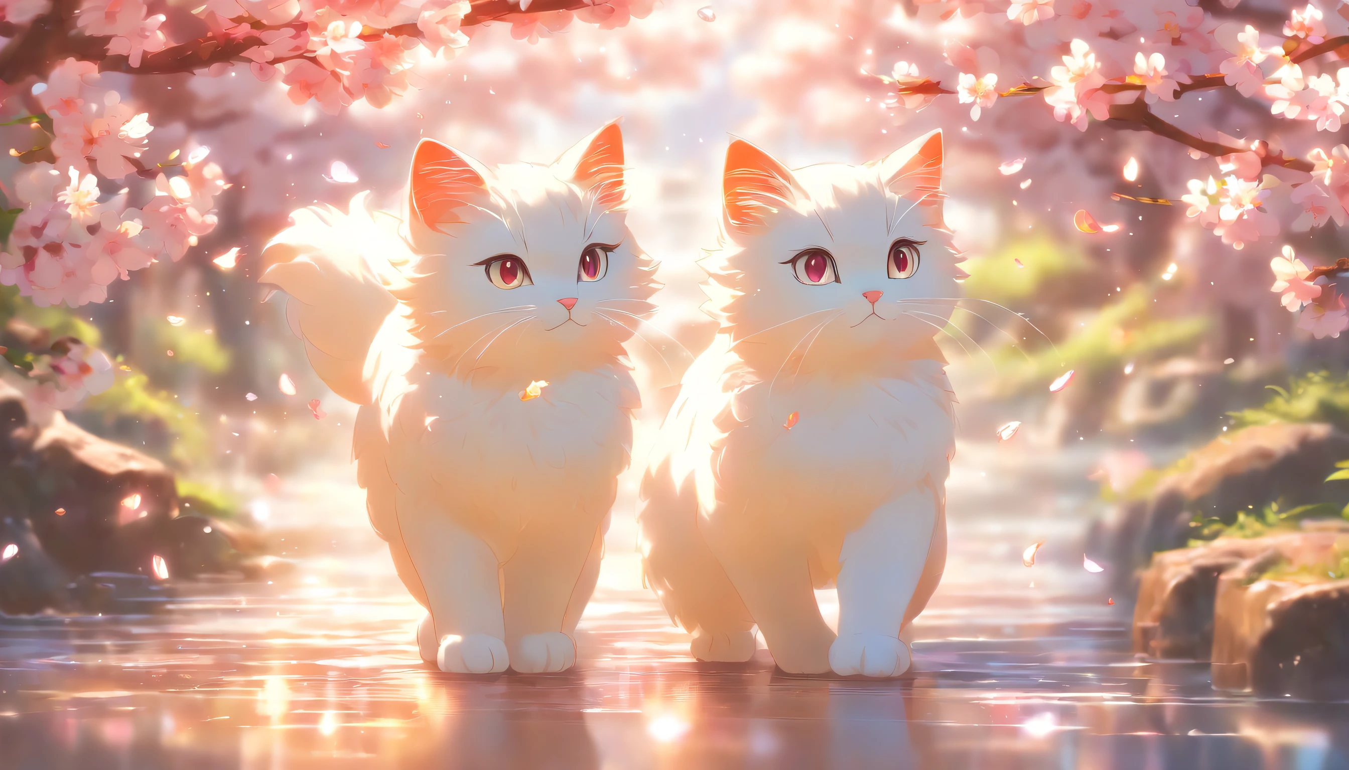 white cat, strike, Rainbow back, Around the cherry blossoms, high detal, 电影灯光, motionblur, color difference, hyper HD, tmasterpiece, super detailing, high detal, high high quality, Award-Awarded, Best quality, A high resolution