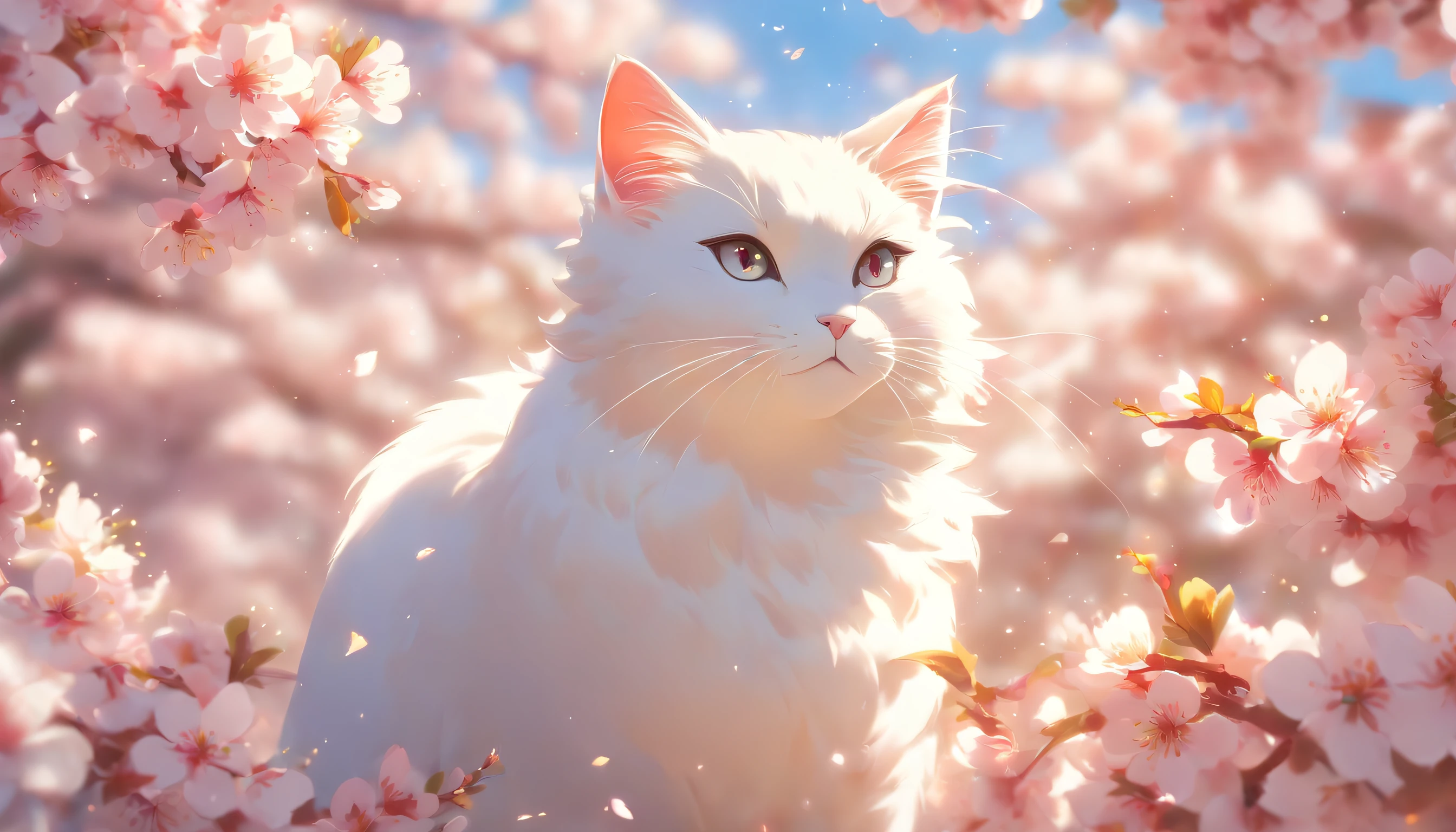 white cat, strike, Rainbow back, Around the cherry blossoms, high detal, 电影灯光, motionblur, color difference, hyper HD, tmasterpiece, super detailing, high detal, high high quality, Award-Awarded, Best quality, A high resolution