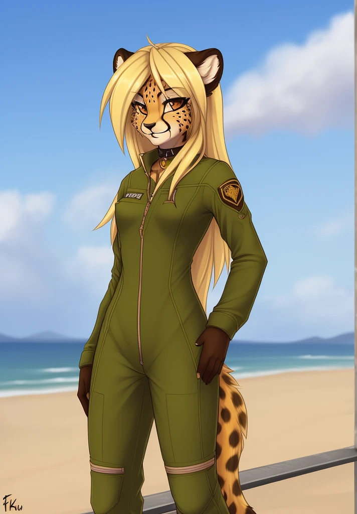 fluff-kevlar, by fluff-kevlar, anthro, ((cheetah)), female, ((1woman)), ((small breasts)), ((long hair)), ((blonde hair)), flight line, on e621, choker, detailed body, finely detailed eyes, finely detailed paws, female focus, (hair detailed correctly), Mihari, ((Olive Drab flight suit)), cheetah tail, ((fully dressed)), solo