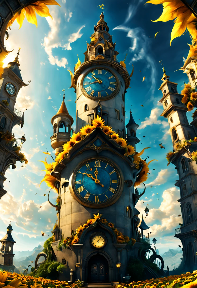 Sunflower shaped Clock tower, fantasy art, Dreamscape, surrealistic, whimsical, ultra-wide-angle, octane render, enhance, intricate, (best quality, masterpiece, Representative work, official art, Professional, unity 8k wallpaper:1.3)