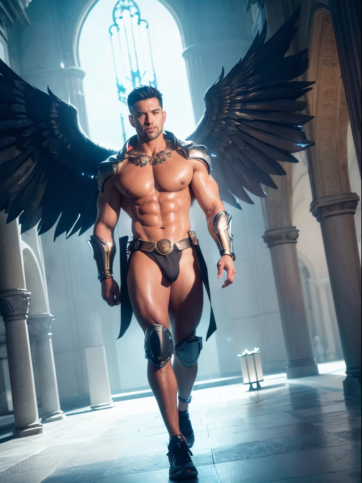 ultra high res, best quality, photo, 4k, (photorealistic:1.4), cinematic lighting, a male angel with large translucent wings,muscular man, abdominal muscle, wearing medieval gold armor, detailed feathers, cyberpunk environment, snow and environment in the background, cathedral of , portal of the future, volumetric light, HD, magic, god light, backlighting, detailed face, contrapposto,