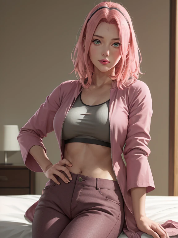 masterpiece, absurdres, sakura\(boruto\), 1girl, solo,mature female, grey sports bra, dark maroon jacket, layered sleeves, brown pants, looking at viewelling petals), perfect composition, detailed lips, big breast, beautiful face, body propotion, blush, (pink lips), long pink hair, hair over shoulder, Green-eyed, soft gaze, super realistic, detailed, photoshoot, realistic face and body, in bed.
