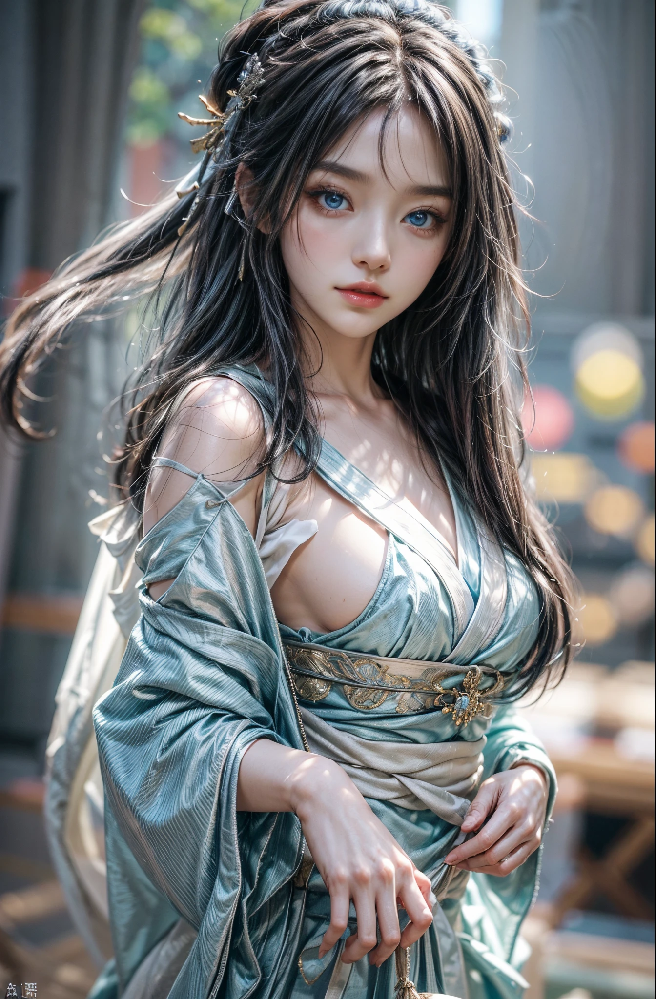 (masutepiece:1.Photoreal Stick:1.4, 8K), top-quality, ​masterpiece, 超A high resolution, Perfect dynamic composition, Professional camera work, Grow Light Effect, Mystical portrait, Cinematic Light, Highly detailed skin and facial texture:1.3, The ultra-detailliert, A detailed eye, (Deities々Feeling:1.25, myterious:1.2, Fanciful:1.2, majestueux:1.2), 1girl in, 25-years old, cute and sexy slim goddess, Fair skin, (Calm:0.9, Totally captivates you:1.0), (japanese miko costume:1.3 off shoulder), (voluptuous breasts:0.9), (Backshots), (A beautiful Blue eyes, Eyes that feel beautiful eros:0.85), (A mouthfeel that feels beautiful eros:0.85), ((Too cute beauty:0.9)), Fantastic background