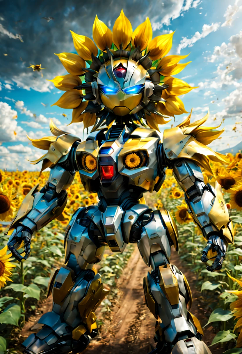 a Sunflower robot, Sunflower shaped Gundam, fantasy art, Dreamscape, surrealistic, whimsical, (Motion Blur), (best composition), ultra-wide-angle, octane render, enhance, intricate, (best quality, masterpiece, Representative work, official art, Professional, unity 8k wallpaper:1.3)