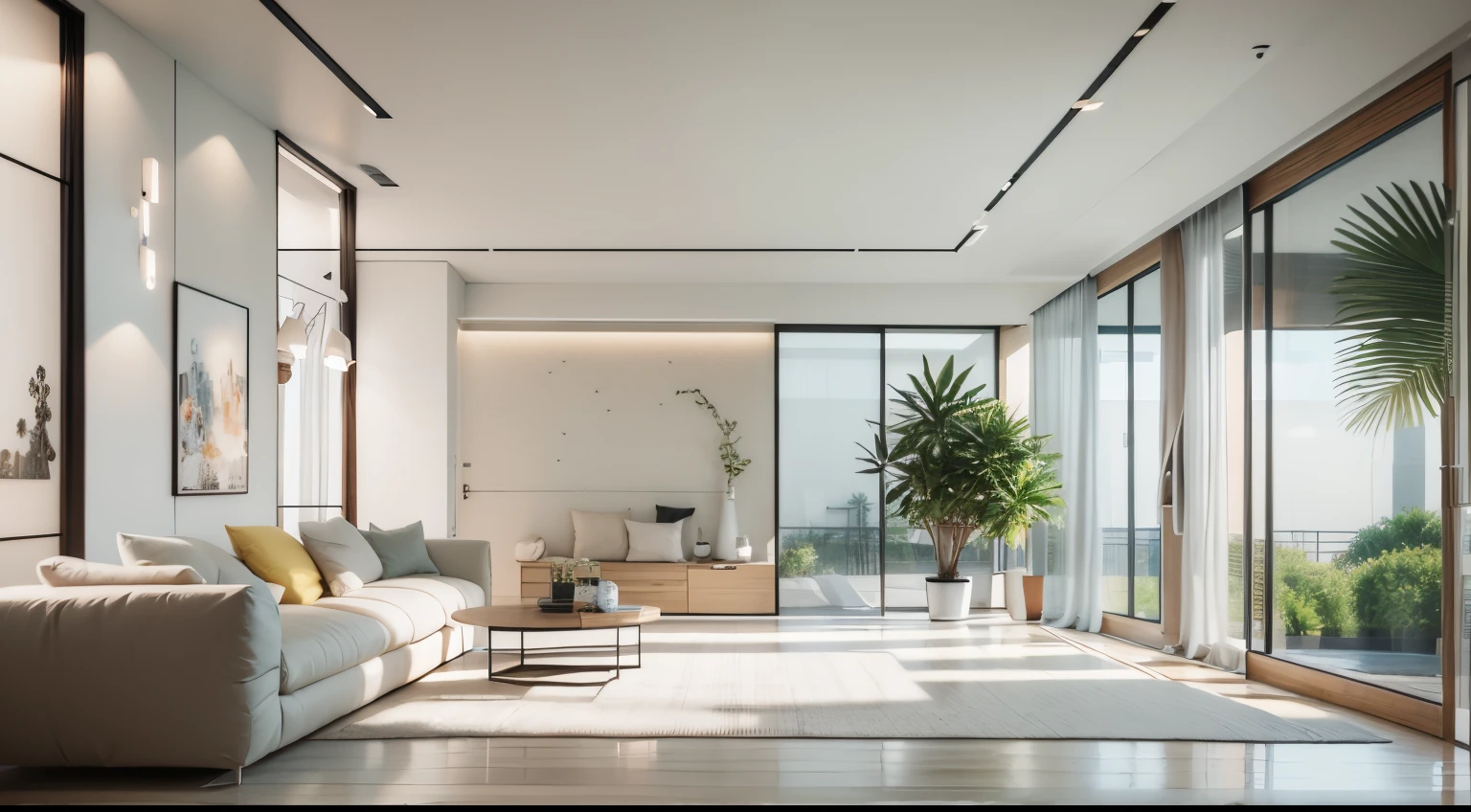 minimalist living room,Rare flowers and plants(1:0.05),sun's rays,No main light design,an award winning masterpiece,Incredible details Large windows,highly detailed,Harper's Bazaar art,fashion magazine,fluency,Clear focus,8K,rendering by octane,minimalist wall and ceiling, rectangle shape window
