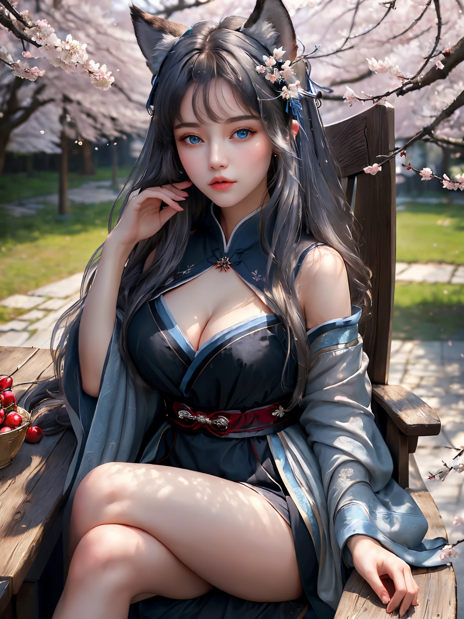 (masterpiece:1.5), (bestquality), (highlydetailed), (ultra-detailed), (1girl:1.2), (full body:0.5), beautiful face, big round breast, (blue eyes), a girl with wolf ears, animalgirl style, long gray hair, bangs, a girl in hanfu, (black dress), lots of cherry blossoms, sitting on the chair, looking at viewer, (detailed hand)