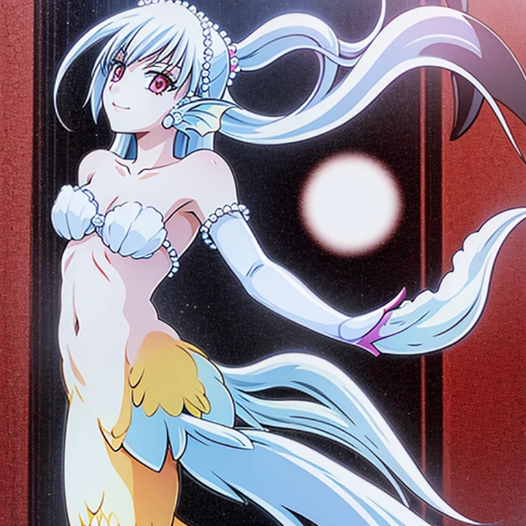 Pretty anthropomorphic girl turned into a mermaid, long fangs, is smiling, drawn in anime style, fishlike, very long curly white hair, red eyes, slim body, long mermaid tail below waistline, pelvic and dorsal fins, a pair of fish gills on her neck, seashells bra, pearl earrings and bracelets, pearl necklace, sitting on a rock, ocean surface, Highly detailed, 4K.
