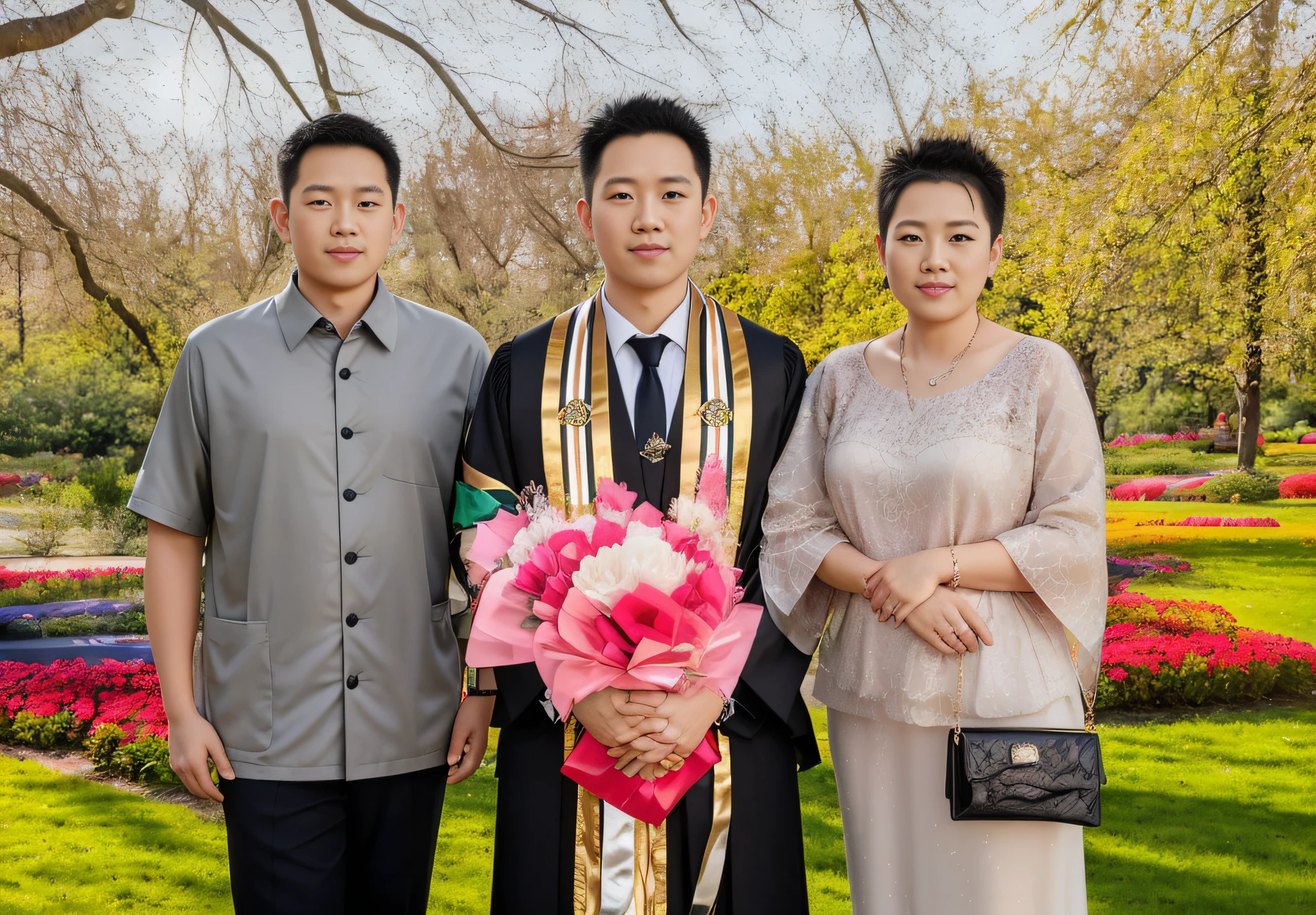 there are two men and a woman standing in a park, graduation photo, photoshot, post graduate, husband wife and son, photo taken in 2 0 2 0, digital image, family, postprocessed), portrait shot 8 k, digital photo, son, wearing an academic gown, digital photograph, coloured photo, digitally painted, taken in 2 0 2 0, unedited