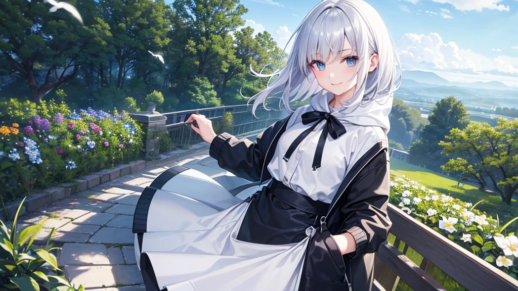 Ultra-high image quality,Look at viewers, hands behind back, girl with, 20 years old, Very short hair, long bangs between eyes, pale blue eyes, Hoodie, Skirt , Extremely detailed,(masterpiece、top-quality),White hair、A smile、Fantastical, Silver hair, Black eyes, Hoodie, White hoodie,a black skirt,Hair is short,White jacket, Casual style,Open jacket, Cowboy Shot、Fluttering hair、a small face、Bright smile、(Detailed face) ,profetional lighting,fantastic landscape,Blue sky, Sunlight,look down from above,portraitures、flower field