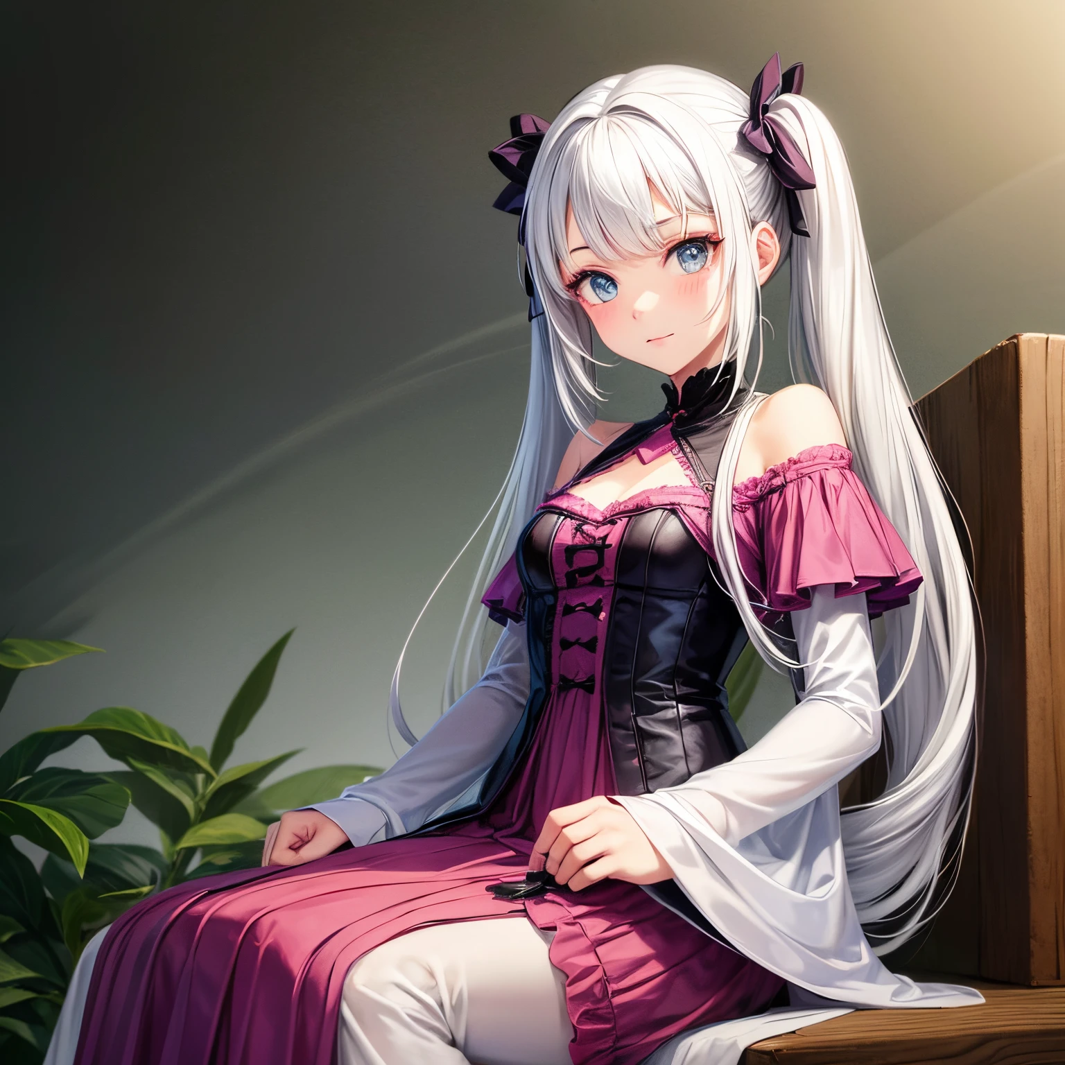 Illustration of a cute girl with white hair and twintails looking diagonally to the left