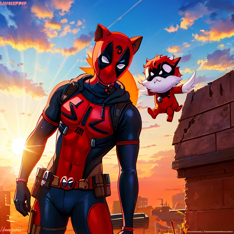 (nvinkpunk:1.2) (estilo snthwve:0.8) DEADPOOL, anthro, lightwave, sun sunset, intrincado, altamente detalhado, estampa de camiseta