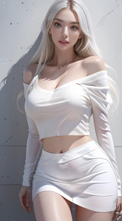 NSFW,best qualtiy,tmasterpiece,超A high resolution,(Photoreal:1.3),8K,RAW Photos,1girll,exterior arenciaga model, (off-the-shoulder sweater, Crop tops, longsl-sleeves sweater), wearing a white skirt,huge cleavage body esbian,photoshopped,Fashionab,minimalistic background,Natural Skin Texture, Model,Natural Skin Texture,dynamic poseil grain,