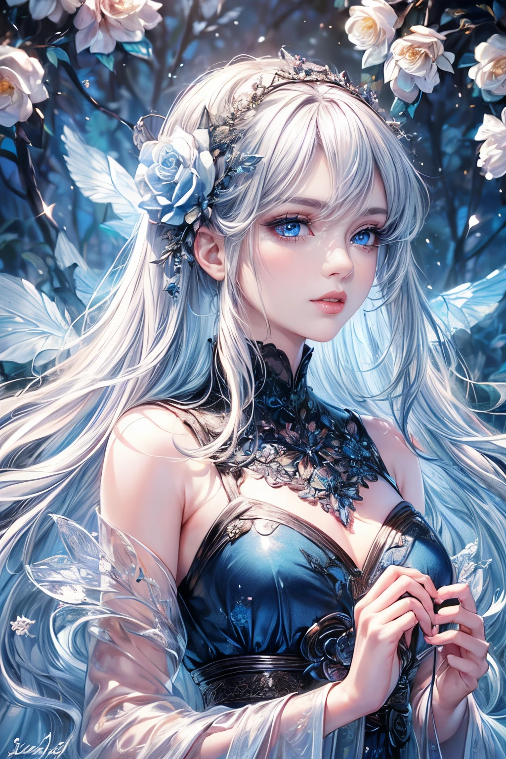 (best quality, 8K, CG, detailed upper body, lonely girl, floral dress, forest background, detailed facial features, elegant black long hair, almond blue eyes, detailed eye makeup, long fluttering eyelashes, blinking eyes, twinkling stars, intricate lip details, soft and harmonious style)