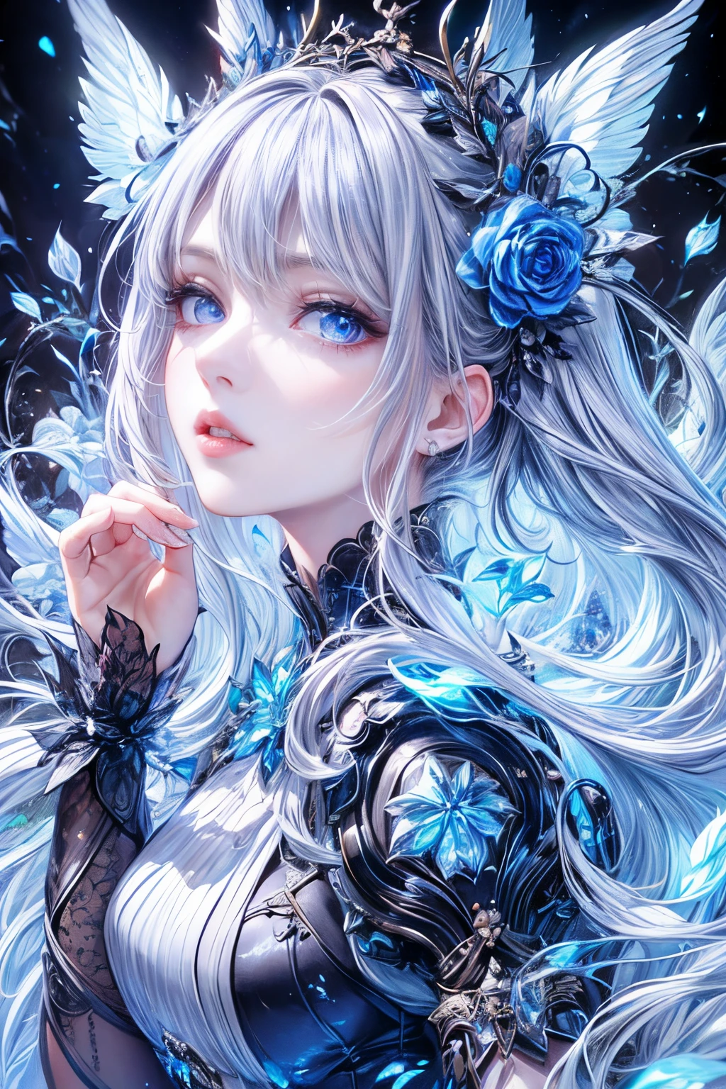 "(best quality,8K,CG),detailed upper body,lonely girl,floral dress,forest background,detailed facial features,elegant black long hair,almond blue eyes,detailed eye makeup,long fluttering eyelashes,blinking eyes,twinkling stars,complex lip details,soft and harmonious style"