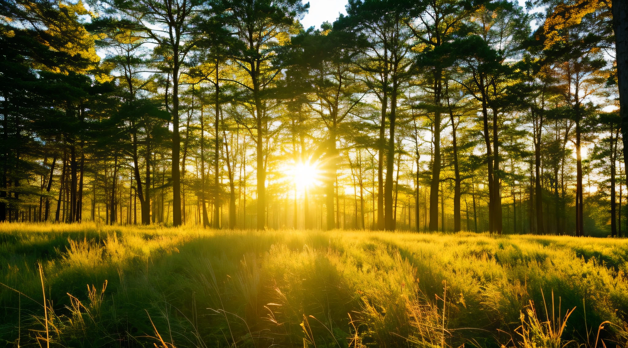 in the early morning，sunshines through the leaves，Light up the forest and grassland