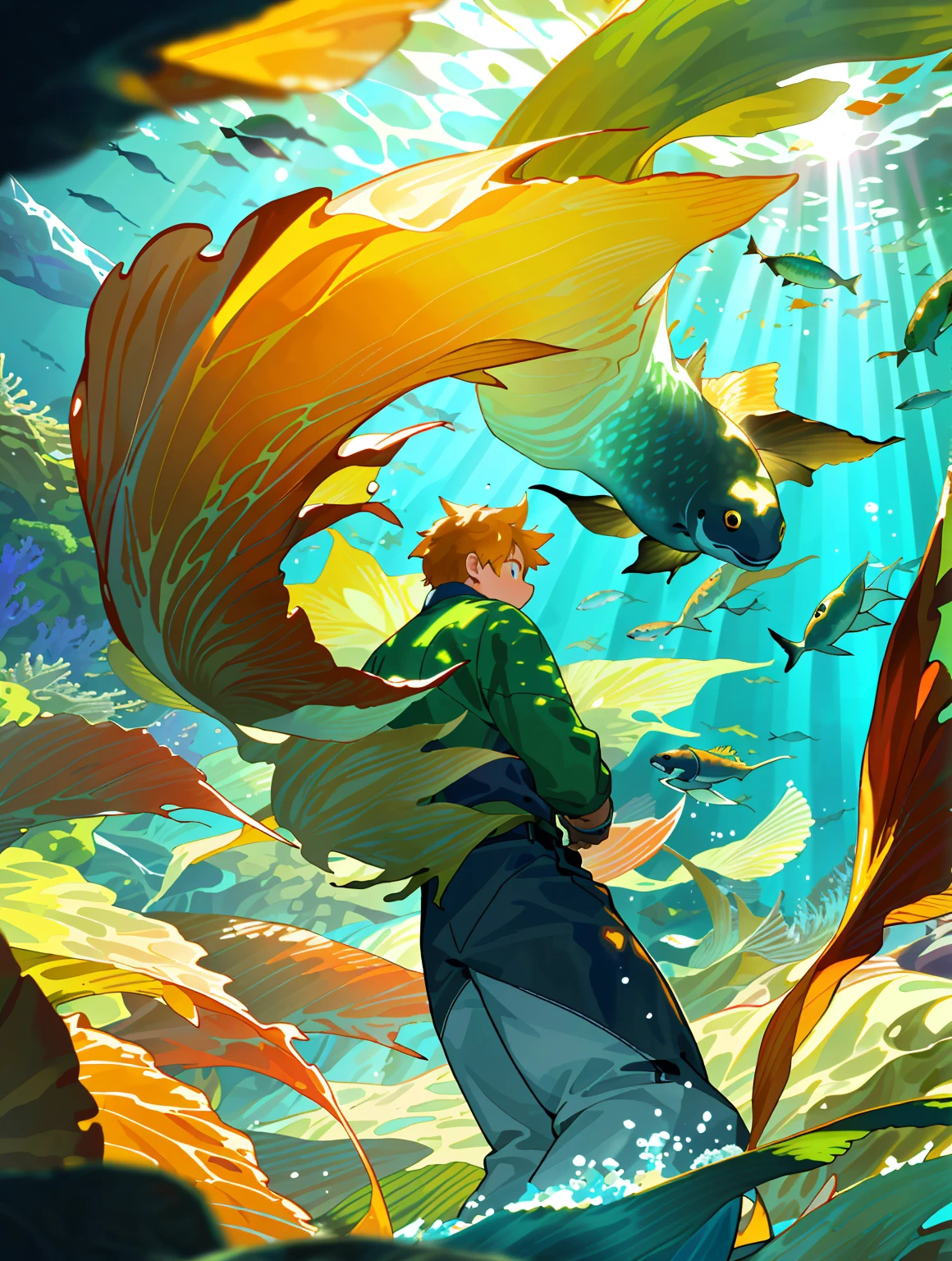 (masterpiece, best quality: 1.1), wide angle, from below, (white cliff), underwater looking up, sun shines down into bottom revealing bright green kelp forest, with fish as if they were flying, in the center a boy walks into the kelp forest with a sea shell on his back look up at the sun rays