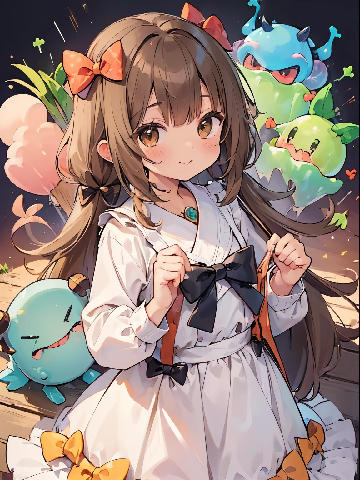 (Top Quality, 4K, High Resolution, Masterpiece), ((Perfect Anatomy)), Cute Girl, (Light Brown Hair, Long Hair, Brown Eyes), ((👄)), Smile, BREAK, (((Sticky and cute monsters:1.5))), ((👾)), (shoot a bow:1.5), Fantasy world, hunter, carrying a bow,
