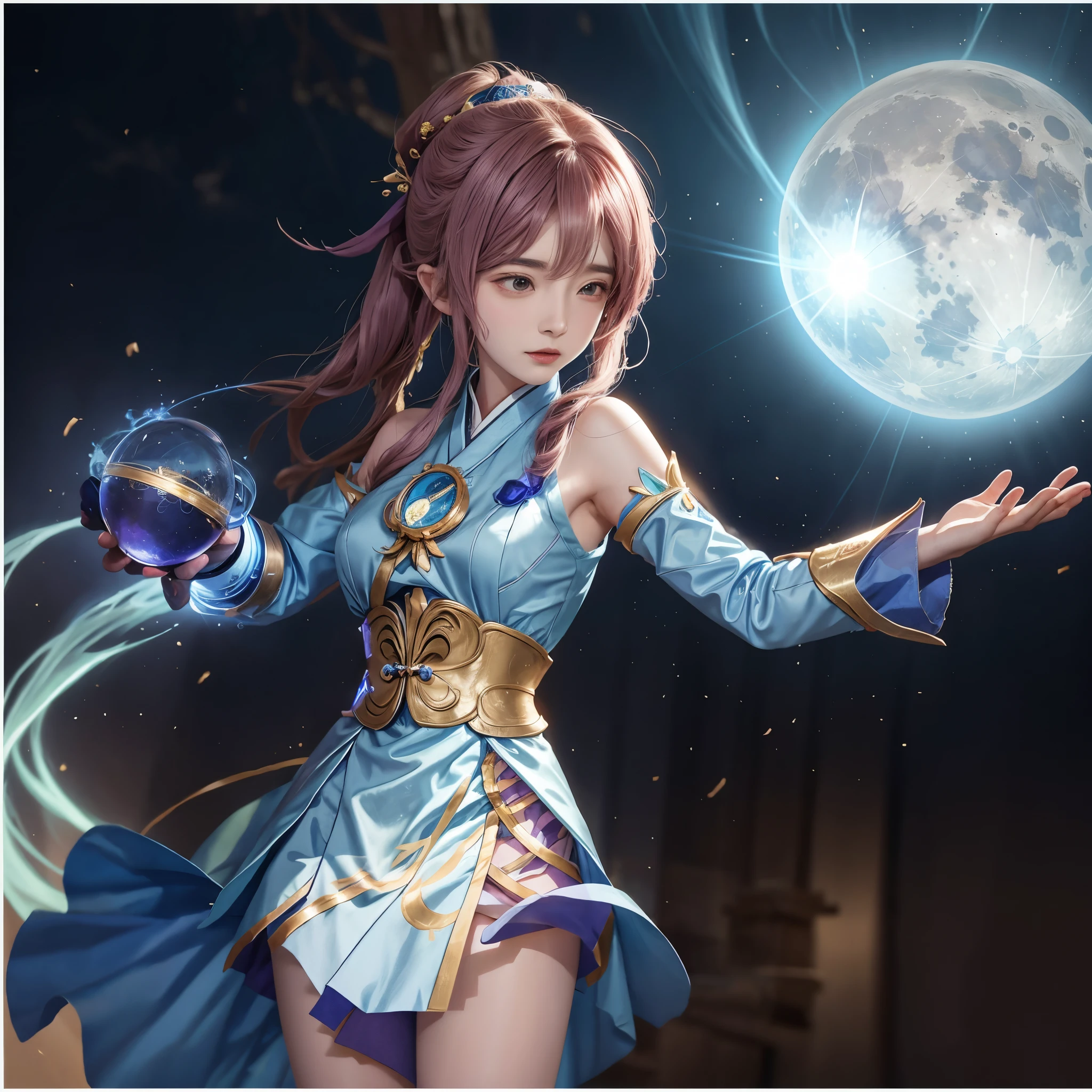 Anime girl holding blue moon in hand, Ayaka Genshin impact, Beautiful celestial mage, 《genshin impact》Ke Qingyu, ayaka game genshin impact, lunar goddess, twelve zodiac knight avatar, muenrias, Genshin impact's character, genshin impact, lunar themed attire, 《genshin impact》Zhongli in Zhongli, Maya Ali as Lightning Wizard