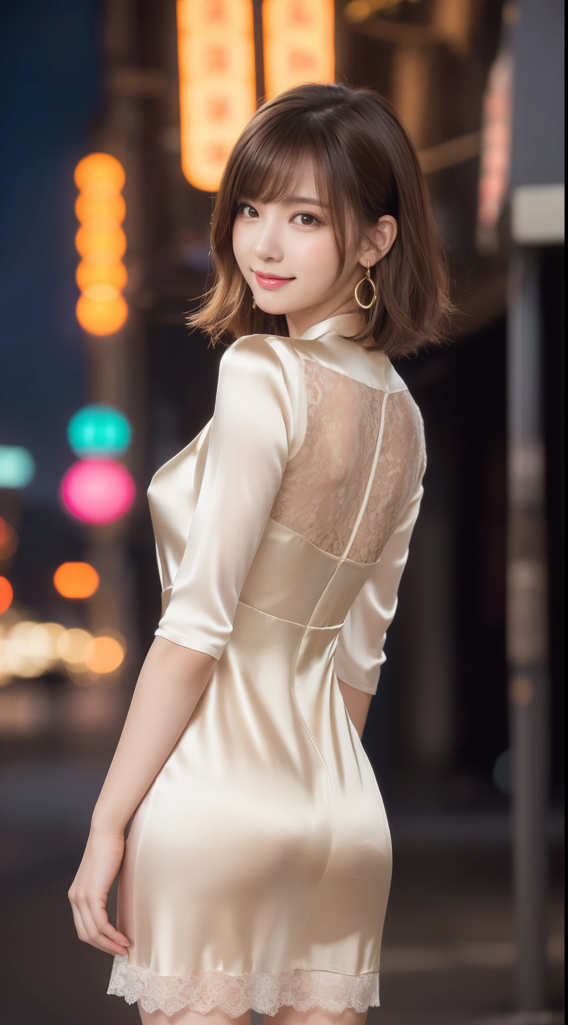 8K, masutepiece, Raw photo, Best Quality, Photorealistic, Highly detailed CG Unity 8k wallpaper, depth of fields, Cinematic Light, Lens Flare, Ray tracing, (Extremely beautiful face, Beautiful lips, Beautiful eyes), intricate detail face, ((Ultra detailed skin)) 1girl in, In the Dark, deepshadow, Pretty Korean girl, Flashy makeup with red eyeshadow,her shortcut, Delicate light brown hair is slightly disheveled with side waves.,wearing large ring earrings,Kpop Idol, 1 girl, (Very slim and slender fit muscular body:1.3), ((Looking at Viewer)),(Big smile:1.3), (sleeve fashion city night, a dark night, (Neon sign), (Blurred background), Fashion Street Night),(No people in the background:1.3), Beautiful earrings, Bracelets, Necklace, pantyhose, Clear eyes, Walking, (pale skin), (big eye ace forward, ((upperbody shot)), ((silk color dresses:1.3)),(Brown hairs),((tight fit lace dress)), (see through), (Looking at Viewer:1.3) opened breast, Very slim, medium breasts, backtrack,((Back shot)), see through, Medium Butt, Ultra mini skirt, updo hair, ((Spread thighs)),(A sexy pose that sticks out your butt a little),