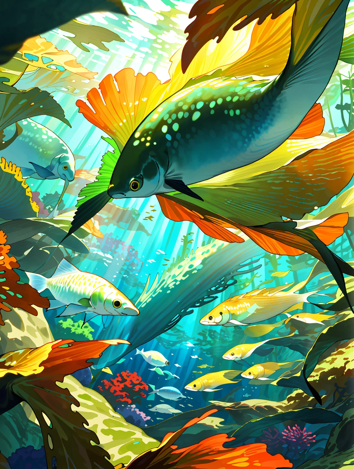 (masterpiece, best quality: 1.1), wide angle, from below, (white cliff), underwater looking up, sun shines down into bottom revealing bright green kelp forest, with fish as if they were flying, in the center a boy walks into the kelp forest with a sea shell on his back look up at the sun rays, kelps are tall like trees