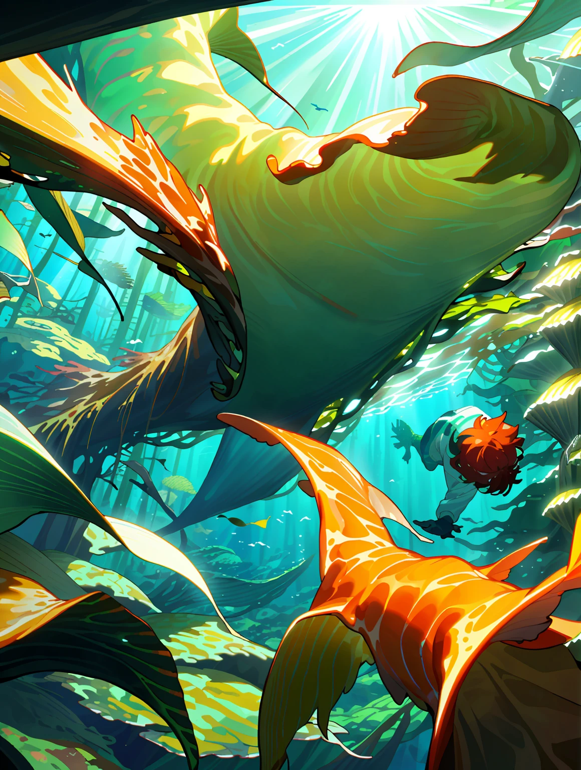 (masterpiece, best quality: 1.1), wide angle, from below, (white cliff), underwater looking up, sun shines down into bottom revealing bright green kelp forest, with fish as if they were flying, in the center a boy walks into the kelp forest with a sea shell on his back look up at the sun rays, kelps are tall like trees